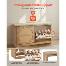 Entryway Shoe Bench, 38.9 X 9.4 X 19.7 Inch Rattan-Like Shoes Bench With Flip Drawers, 440lbs Shoe Storage Rack With Cushion, 4 Compartments And Rattan Doors, For Hallway, Living Room, Bedroom