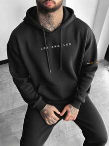 男士秋冬极简黑色连帽衫，洛杉矶风情，长袖上衣