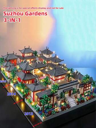 3 合 1 古风 3D 拼图组装小零件积木，创意有趣苏州园林/圆明园/黄鹤楼高难度龙年新建筑益智玩具，非常适合家庭/办公桌装饰和节日礼物。随附包房装饰