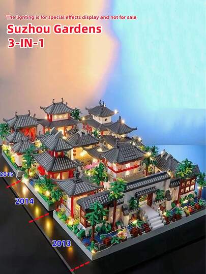 3 合 1 古风 3D 拼图组装小零件积木，创意有趣苏州园林/圆明园/黄鹤楼高难度龙年新建筑益智玩具，非常适合家庭/办公桌装饰和节日礼物。随附包房装饰