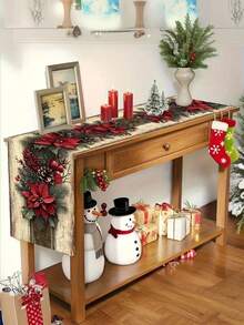 1pc, Retro Christmas Theme Table Runner With Red Poinsettia And Pinecone Design, Rectangular Holiday Dining Decor For Christmas, New Year, Winter Party Decoration, Christmas Table Ranner - متعدد الألوان - مشاهدة 8