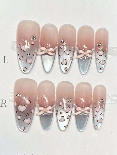 10片可爱粉色豹纹法式猫眼亚克力按压式美甲贴片，杏仁形，配有果冻凝胶和指甲锉，DIY美甲用品，适合情人节、音乐节、学校旅行等场合。