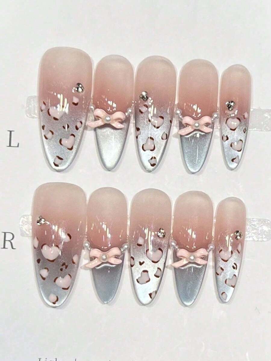 10片可爱粉色豹纹法式猫眼亚克力按压式美甲贴片，杏仁形，配有果冻凝胶和指甲锉，DIY美甲用品，适合情人节、音乐节、学校旅行等场合。 - 彩色 - 查看 1