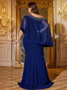 SUPGIR Plus Women's One-Shoulder Asymmetrical Cape Sleeve Handmade Bright Diamond Chiffon Slim-Fitting Evening Dress - Royal Blue - View 3