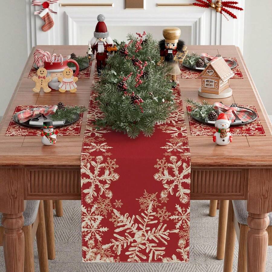 Winter Christmas Red Snowflake Christmas Tablecloth And Placemat Table Decoration For Home Kitchen Dining Holiday Home Decoration Products Multiple Sizes Available