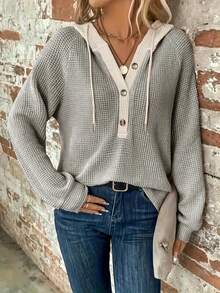 Plus 女款纯色抽绳长袖连帽卫衣秋季服装 - 灰色 - 查看 1