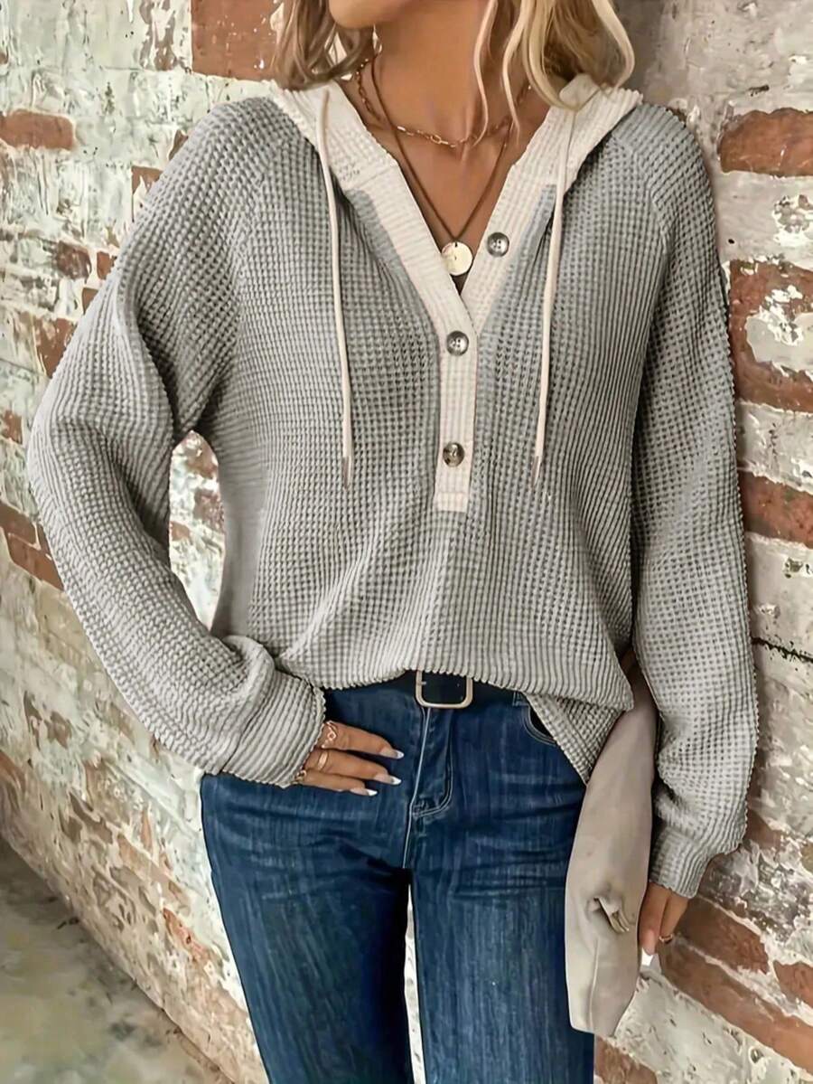 Plus 女款纯色抽绳长袖连帽卫衣秋季服装 - 灰色 - 查看 1