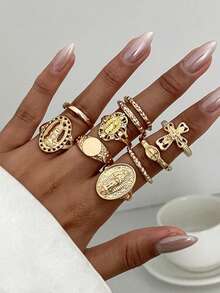 10pcs Fashionable Punk Ins Style Cross & Virgin Mary Rhinestone Knuckle Rings Set, Versatile For Daily, Party, Street Snap Wearing - Yellow Gold - View 2