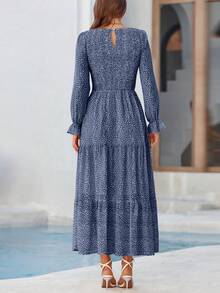 Women Leopard Long Sleeve Maxi Dress Flounces High Waist Smocked Tiered Dress Fall Spring Wedding Guest Vacation Holiday Boho Valentine Dresses Outfits - 深藍色 - 查看 2