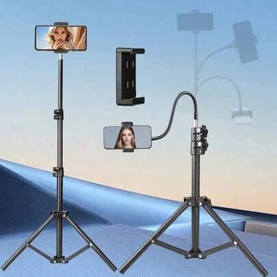 可调节智能手机三脚架，带灵活鹅颈管，便携式金属支架，带手机夹，非常适合录音、直播、烹饪和健身，无需电池，坚固的三脚架腿，时尚三脚架