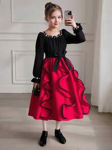 Autumn/Winter New Pearl Splice Contrast Color Wave Hem Long Sleeve Dress With Belt, Fashionable And Elegant, Elegant And Charming For Tween Girls - Red - View 11