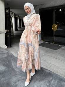 DAZY Vestido largo de estilo bohemio con estampado total y cintura ceñida, vestido de vacaciones de estilo francés, vestido elegante de manga larga para otoño, vestido elegante con estampado floral, vestido con adorno de encaje