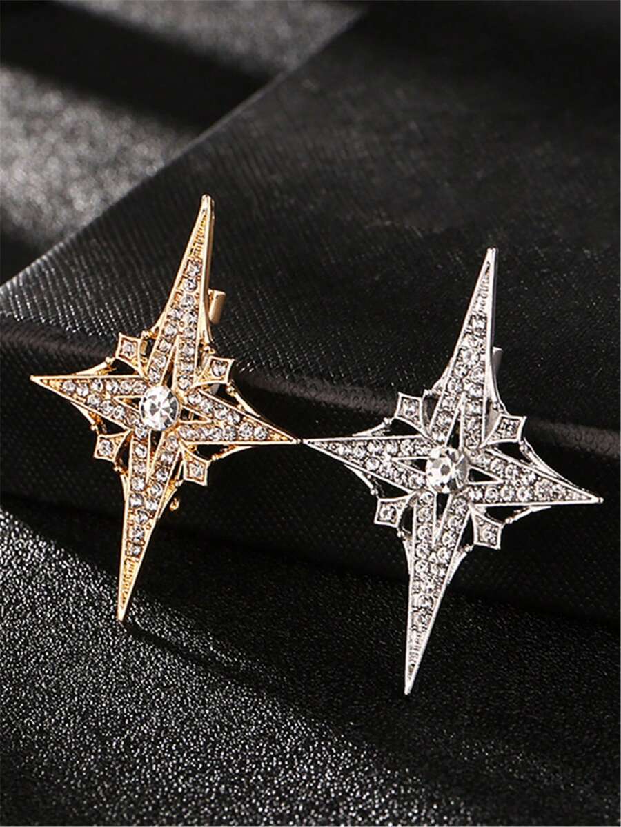 1pc Elegant Sparkling Gold Star Brooch, High-End Jewelry Accessory With 4 Pointed Tips Inlaid With Rhinestones, Multi-Layer Small Diamonds Surrounding, Fashionable Party Accessory - Star - View 1