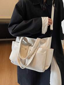 1 件米色多口袋实用手提包，简约时尚，大容量，适合学校/大学生的单肩包，拉链开合，休闲手提包，多功能手提包，通勤和旅行存储解决方案，简约纯色手提包，轻松搭配各种服装 - 米色 - 查看 6
