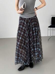 Women Skirts - Kẻ caro cà phê xanh - Xem 4