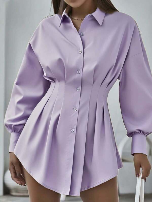 Women's Pleated Waist Shirt, Solid Color Button-Down Blouse With Notch Lapel, Tummy Control Office & Lounge Top For Fall Winter Spring