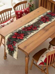 1pc, Retro Christmas Theme Table Runner With Red Poinsettia And Pinecone Design, Rectangular Holiday Dining Decor For Christmas, New Year, Winter Party Decoration, Christmas Table Ranner - متعدد الألوان - مشاهدة 4