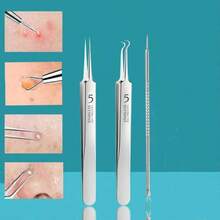 3 قطع مجموعة أدوات إزالة الرؤوس السوداء والبثور من الفولاذ المقاوم للصدأ - أدوات استخراج الحب الشعري والبثور للوجه والأنف، مناسبة للبشرة العادية - طقم العناية بالبشرة الاحترافي للبثور البيضاء والحبوب