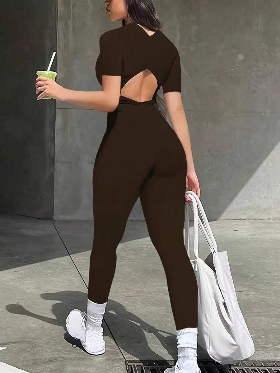 Mono corto de manga corta, ajustado, con cremallera delantera y espalda de tirantes, de estilo deportivo casual para mujeres