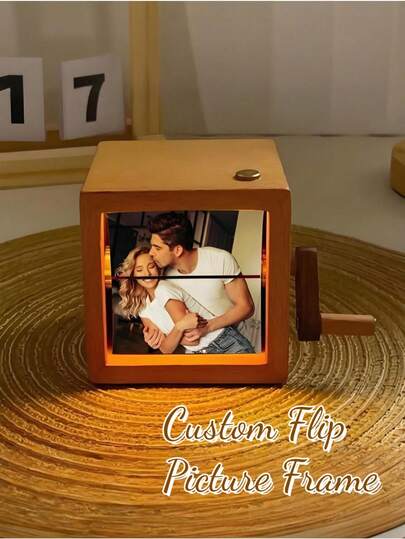 Drawelry 3D Rotating Photo Cube, Custom Flip Picture Frame Holds 8/16 Photos Wooden Display Decor, Funny Unique Gift For Family Couples Birthday Anniversary Present (Burlywood)