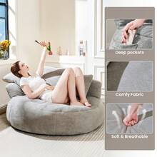 Giant Bean Bag Chair For Adults, Teddy Fabric Upholstered Loveseat Lazy Sofa With Storage Pocket And High-Density Memory Foam Padding, For Home Office, Living Room, Bedroom, Apartment, No Assembly Needed - Xám - Xem 5