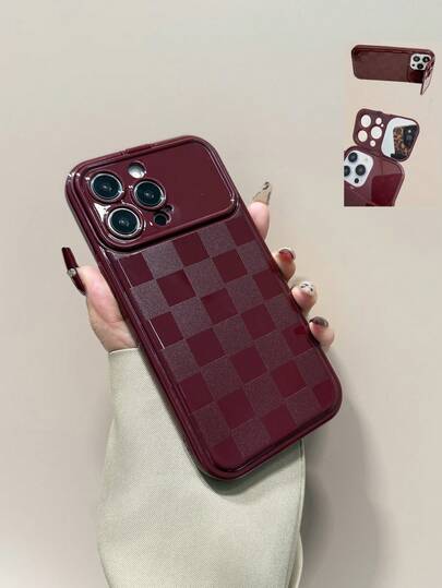 1pc Burgundy TPU Plaid Phone Case With Mirror Stand Compatible With IPhone 11, 12, 13, 14, 12 Pro Max, 13 Pro Max, 14 Pro Max, 15, 15 Pro, 15 Pro Max, 16, 16 Pro, 16 Pro Max