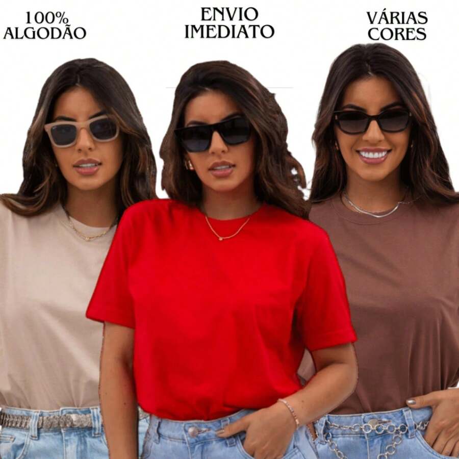 KIT 3 TSHIRTS BASIC PLAIN T-SHIRT FOR WOMEN 100% COTTON T-SHIRT T-SHIRTS - 米色/紅色/棕色 - 查看 1
