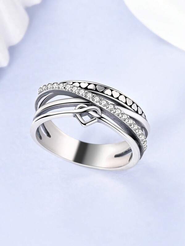 1 pieza Anillo original de plata de ley 925 para mujer con diseño de corazón, patrón de arreglo, cruz entrelazada, estilo elegante, joyería de regalo que se adapta a uso diario, fiesta y compras