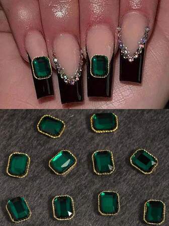Square Green Gem Nail Jewelry Rhinestone Nail Decoration 10 Pcs Gold Nail Decoration 3D Alloy Rectangular Gem Nail Accessories Nail Supplies Professional Nail Decoration Nail Jewelry DIY Personalized Green Nail Gem Suitable For Home Manicure Nail Jewelry Nail Supplies