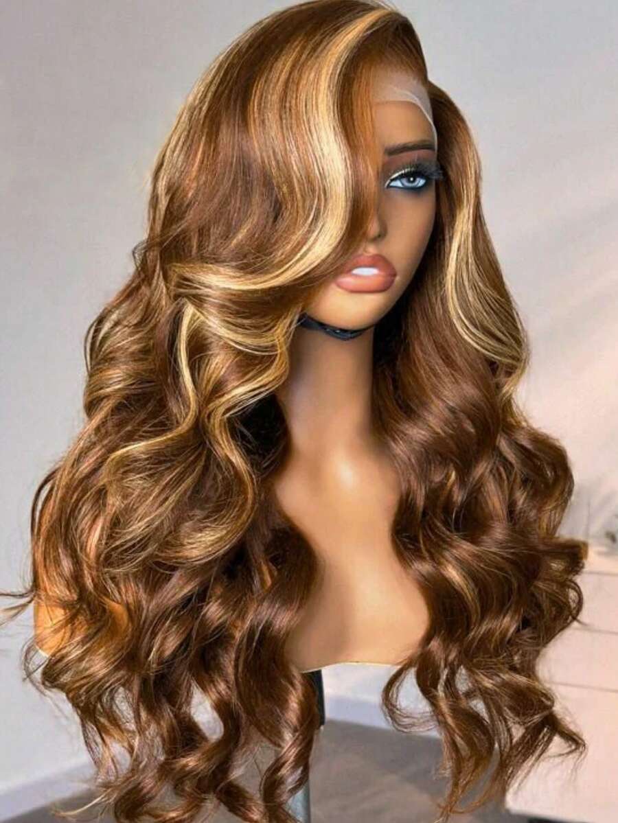 NARNI 34 Inch 250% Density Honey Blonde Human Hair Wig 13x6 HD Highlight Body Wave Lace Front Wigs Human Hair Pre Plucked Glueless Human Hair Wig 4/27 Brown Colored Lace Front Wig With Baby Hair For Women - S4/27 - Xem 1