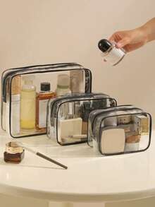 3 قطع/قطعة واحدة حقيبة أدوات تجميل بسيطة عصرية للجنسين، مجموعة حقائب أدوات تجميل وأغراض شخصية من EVA مزودة بسحاب - شفافة، منظم سفر متين للحقيبة المدرسية والسفر والعطلات الشاطئية، حقيبة مستحضرات تجميل شفافة مقاس 1 كوارت، مناسبة للسفر والجنسين، حقيبة منظم تجميل شفافة للحمل، حقيبة مكياج شفافة بلاستيكية للسفر، حقيبة يد صغيرة شفافة مقاومة للماء