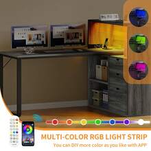 Modern 55 Inch L Shaped Desk Office Desk With 3 Drawers & Power Outlets, LED Corner Gaming Computer Table With Adjustable Shelf, For Office, Study Room - Xám - Xem 8