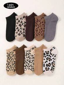 1/5/10 Pairs Random Leopard Print Socks, Women Mid-Calf Socks, Fashionable Animal Pattern Crew Socks, And Versatile Long Socks For Women, Spring/Autumn - Multicolor - View 8