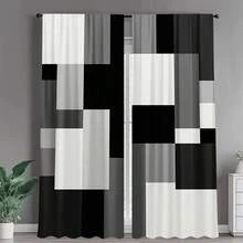 2pcs Modern Geometric Black - White - Gray Patchwork Curtains Upgrade Your Space With These Chic Patchwork Curtains! Featuring A Bold Mix Of Black, White, And Gray Geometric Blocks, They Bring A Contemporary, Artistic Vibe. Perfect For Modern Living Rooms, Offices, Or Any Area Needing A Stylish, Minimalist Touch. Durable Fabric, Easy To Match. - Multicolor - View 2