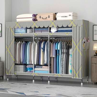 【組み立て簡単】大容量 ポータブル クローゼット 3段ハンガーポール&3段収納棚 省スペース 衣装庫 防塵カバー付き スチールパイプ 賃貸 収納 ワードローブ