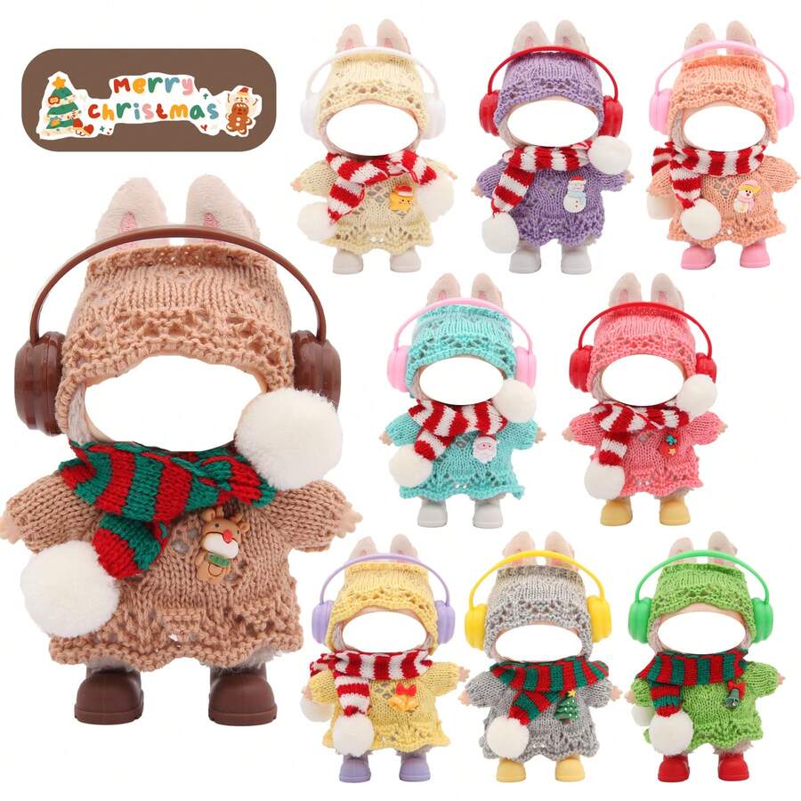 Weihnachtsthematisches Cut Out gestricktes Pullover-Set, kombiniert mit Schal, Kopfhörern, Schuhen, für LABUBU, Halloween, Weihnachten, Feiertage, Geburtstagsgeschenk (ohne Plüschpuppe)