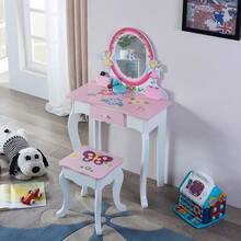 Children's Vanity Table Set | Kids Princess Dressing Table With Mirror And Stool | High Quality Wooden Dresser Table Set For Girls Makeup | Vanity Table With Mirror And Stool, Fashion Makeup Vanity Set With Drawer - Pink+White - View 7