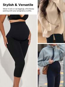 孕妇七分紧身裤，高腰设计，柔软透气，弹性十足，适合瑜伽、散步、旅行或日常穿着，黑色，夏季款 - 黑色 - 查看 5