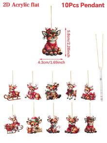 10Pcs Christmas Elk Acrylic Pendant, Merry Christmas Hanging Ornament Christmas Tree Decoration Pendant, Xmas Decor, Christmas Decorations For Home, Christmas Party Favors, Xmas Party Supplies, Wall Decor, Door Decor, Room Decor, Window Decor, Winter Decorations, Ideal Christmas Gifts, New Year Party Decor