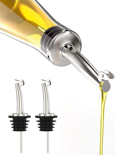 2个304不锈钢镰刀形倒酒嘴，适用于葡萄酒瓶快速倒酒，也适用于瓶口为3/4英寸的橄榄油瓶，带自动翻盖，适用于酒吧、餐厅和家庭使用，可与玻璃瓶一起使用，更好地防止泄漏。