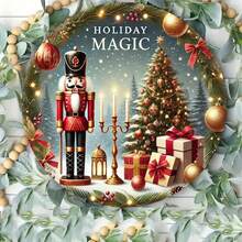 1pc Holiday Magic Round Metal Tin Sign, 3D Walnut Clip Mural, Foil Engraving Home Decoration, Multifunctional Holiday Wall Ornament, Iron, English Text, Wall Hanging, Diameter 12inch