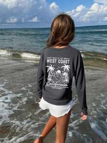 1pc Girls Casual Coconut Tree Graphic Print Crew Neck Long Sleeve T-Shirt, Autumn/Winter Student Young Clothing - Dark Grey - View 4