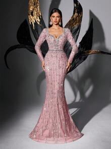 Glamorous Sequin Embellished Deep V-Neck Long Sleeve Formal Dress - Pink - View 2