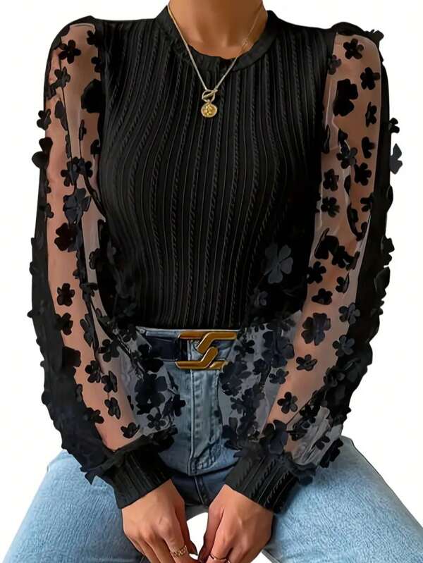 Camiseta luxuosa com gola redonda e textura sólida - Costura elegante em malha, manga comprida, respirável, confortável e versátil para primavera e outono - Roupas femininas estilosas para uso diário