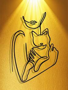 1 szt. Elegancka, kuta, żelazna dekoracja ścienna z kotem – minimalistyczny rysunek liniowy kobiety trzymającej kociaka, czarny metalowy element wystroju salonu/sypialni/biura/kuchni, idealny prezent dla miłośników kotów i zwierząt, 2D płaski wystrój pokoju