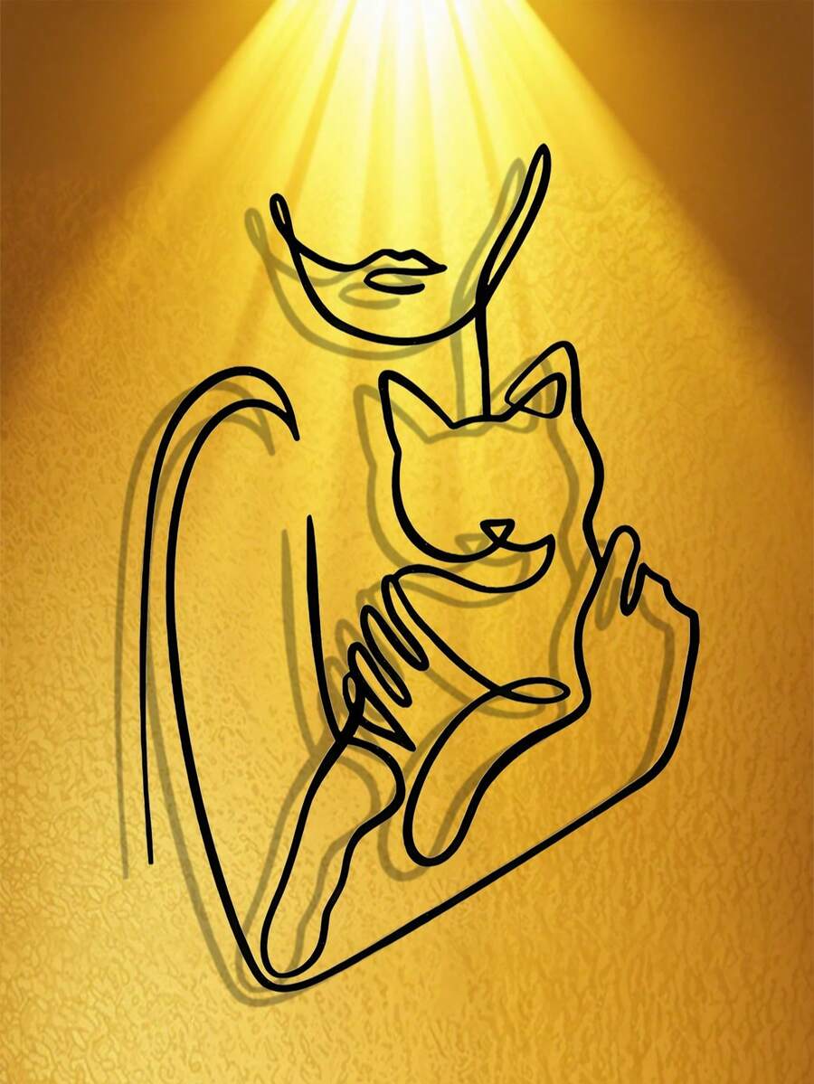 1 szt. Elegancka, kuta, żelazna dekoracja ścienna z kotem – minimalistyczny rysunek liniowy kobiety trzymającej kociaka, czarny metalowy element wystroju salonu/sypialni/biura/kuchni, idealny prezent dla miłośników kotów i zwierząt, 2D płaski wystrój pokoju