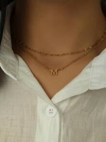 女士双层不锈钢项链，26个金银字母，欧美时尚风格，珠宝批发 - 金色 - 查看 2