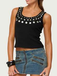 Women's Y2K Sequin Beaded Tank Top U Neck Sleeveless Backless Sparkly Crop Tops Summer Going Out Clubwear - màu đen - Xem 2