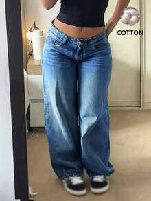Nowe modne jeansy vintage z szerokimi nogawkami dla kobiet, luźne, proste, do połowy tali, uniwersalne na cały sezon - Ciemny jeans - Zobacz 3