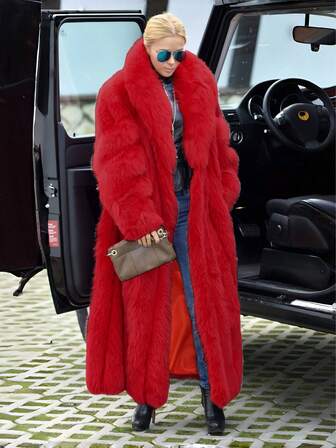Red Faux Fur Long Sleeve Loose Fit Coat, Luxury Waterfall Collar, Fluffy Details